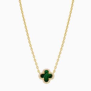 Pave Outlined Four Leaf Clover Malachite Necklace S925 NWT